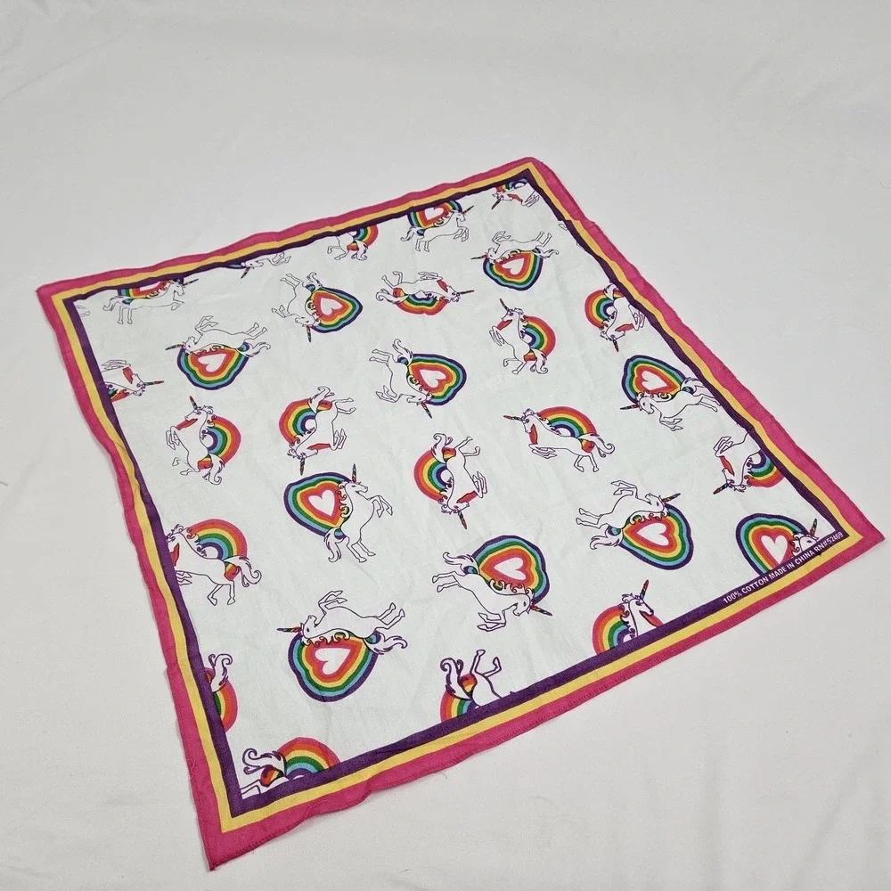 Vintage Unicorn Rainbow Bandana 100% Cotton USA Made 1980's Scarf Handkerchief